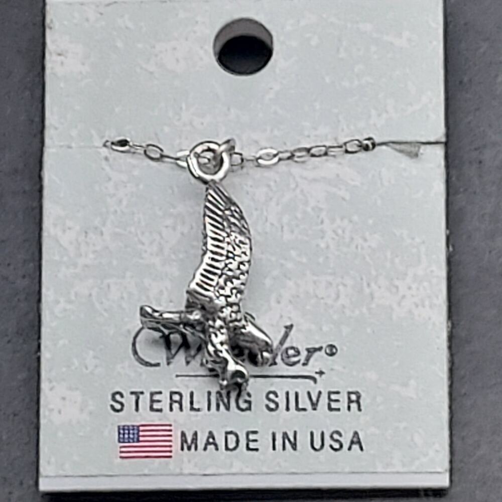 Sterling Silver Eagle Charm Necklace Wheeler Made in USA Patriotic Flying Bird